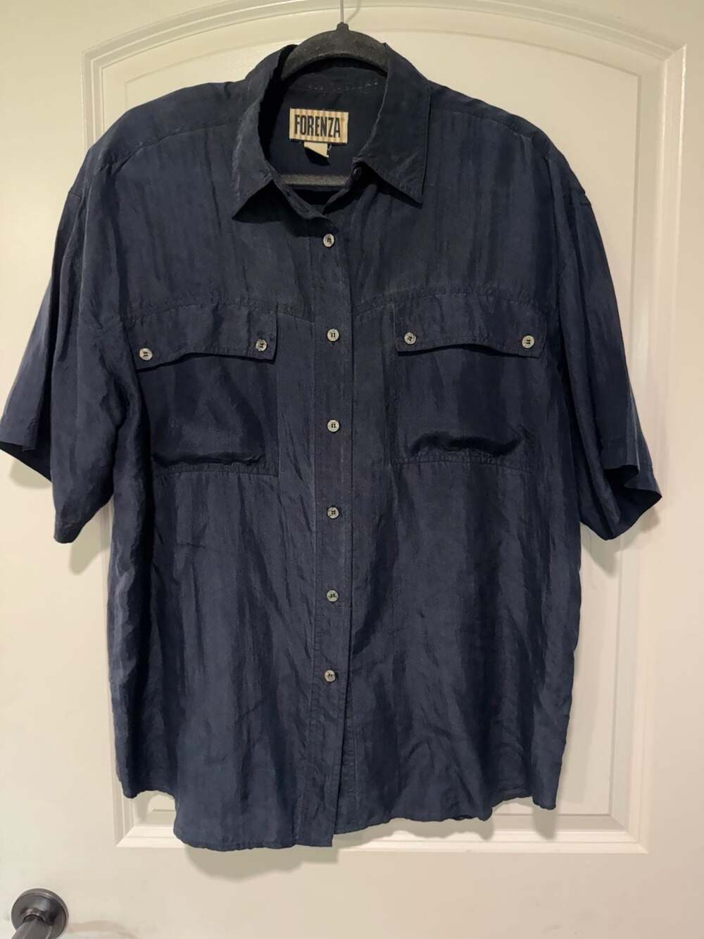 Vintage 90s Navy Silk Shirt Shoulder Pads Oversized Utility Men’s L